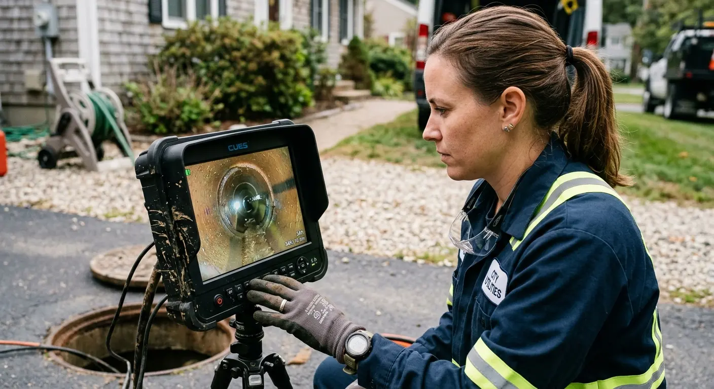 Technician reviewing sewer camera inspection footage in River Oaks