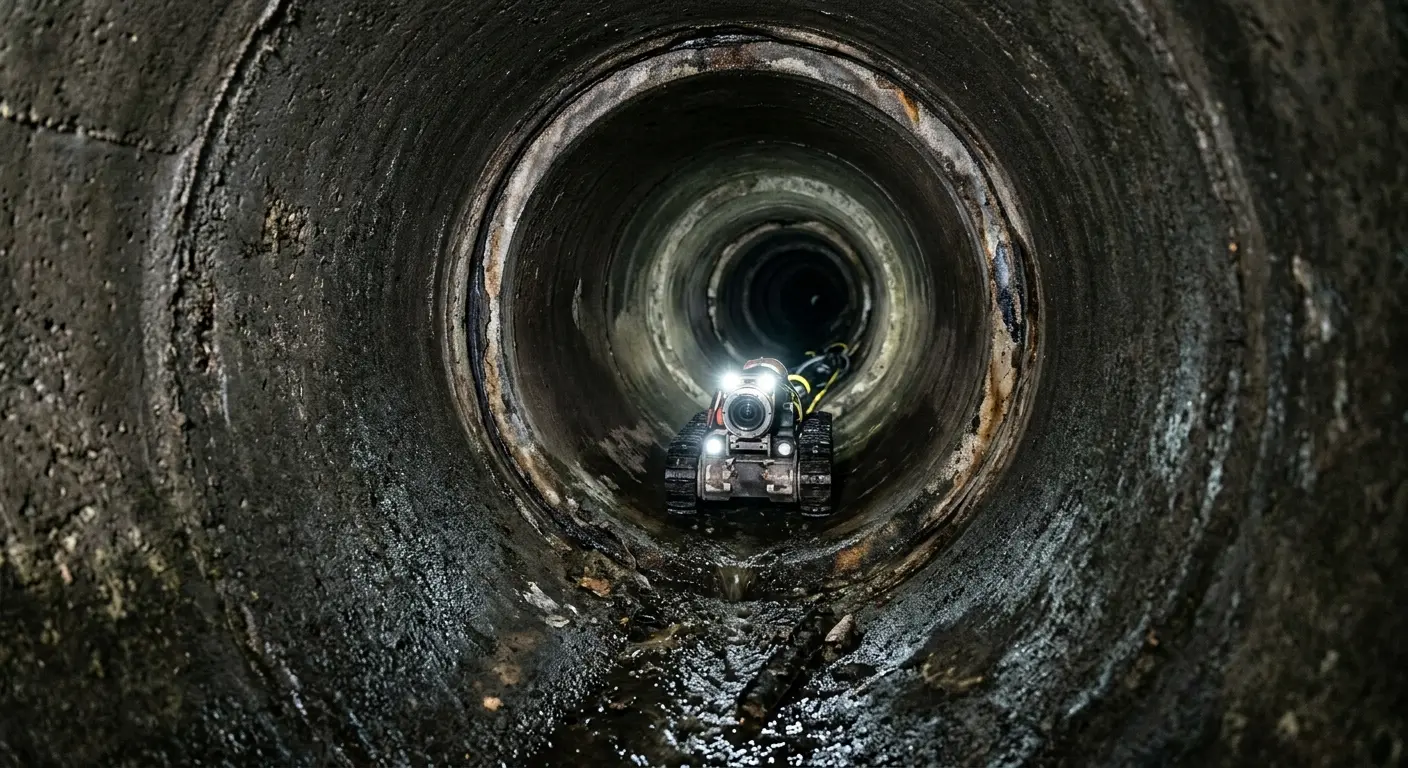 Robotic sewer camera inspecting pipe interior for Sewer Line Cleaning in River Oaks