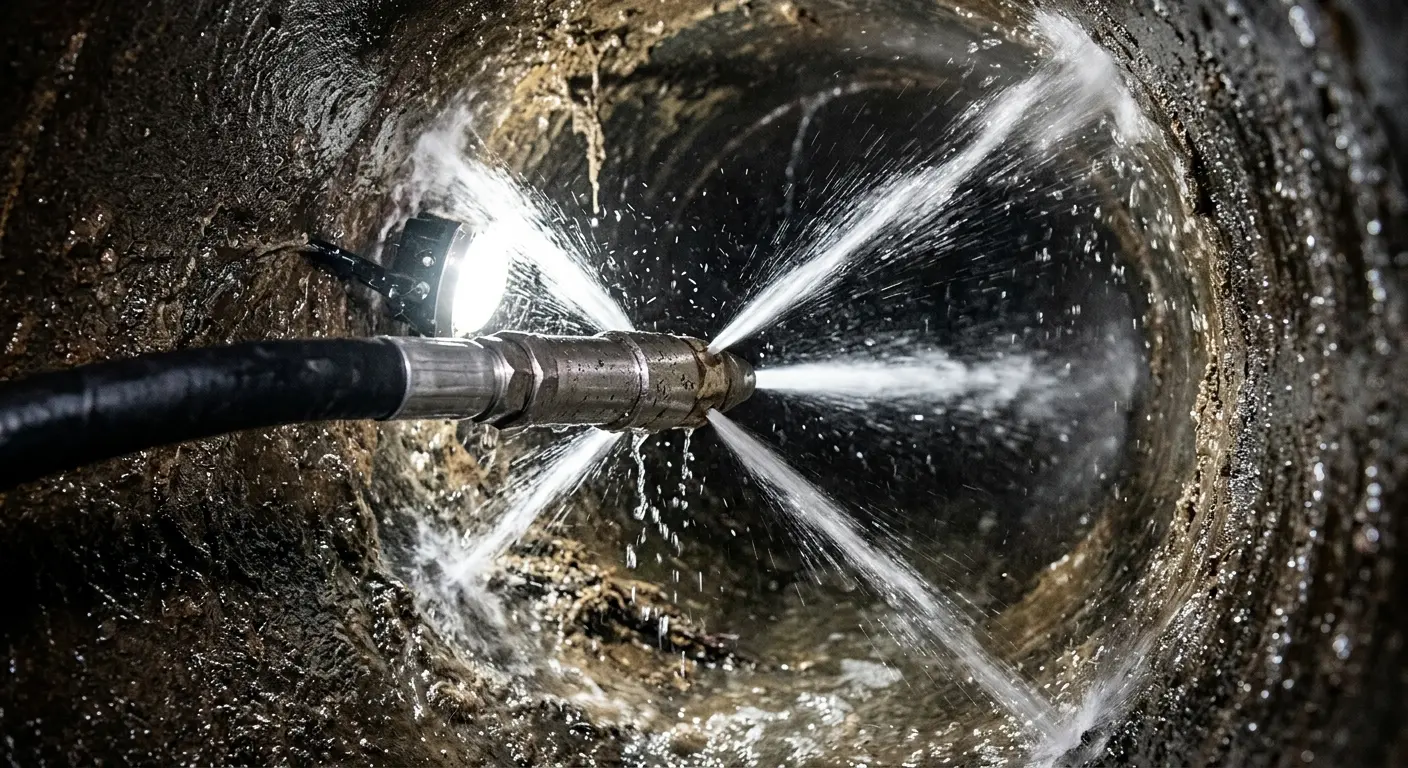 High-pressure hydro jetting nozzle cleaning sewer pipe for Sewer Cleanout in River Oaks