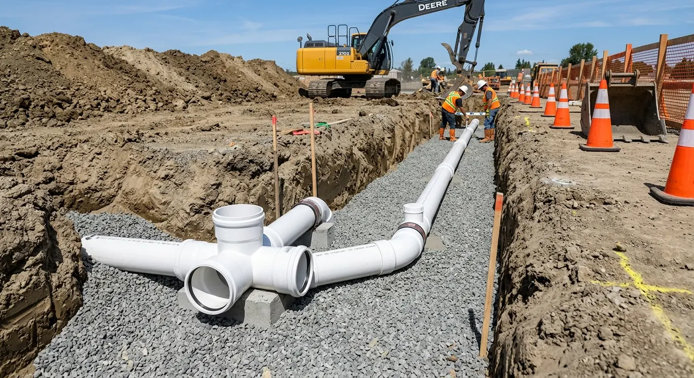 New PVC sewer pipe installation in open trench for Sewer Backup in River Oaks