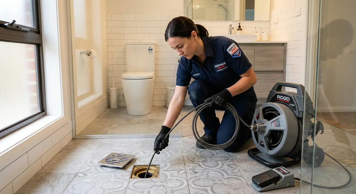 Technician clearing a bathroom floor drain for Sewer Line Replacement in River Oaks